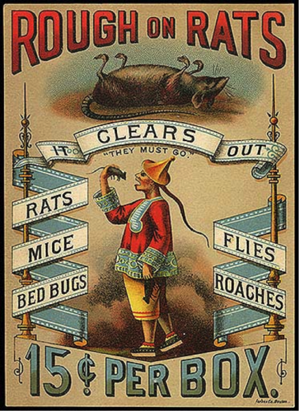 An advertisement for "Rough on Rats" rat poison. On the flyer there is an image of a stereotypically drawn "china man" eating a rat. 
