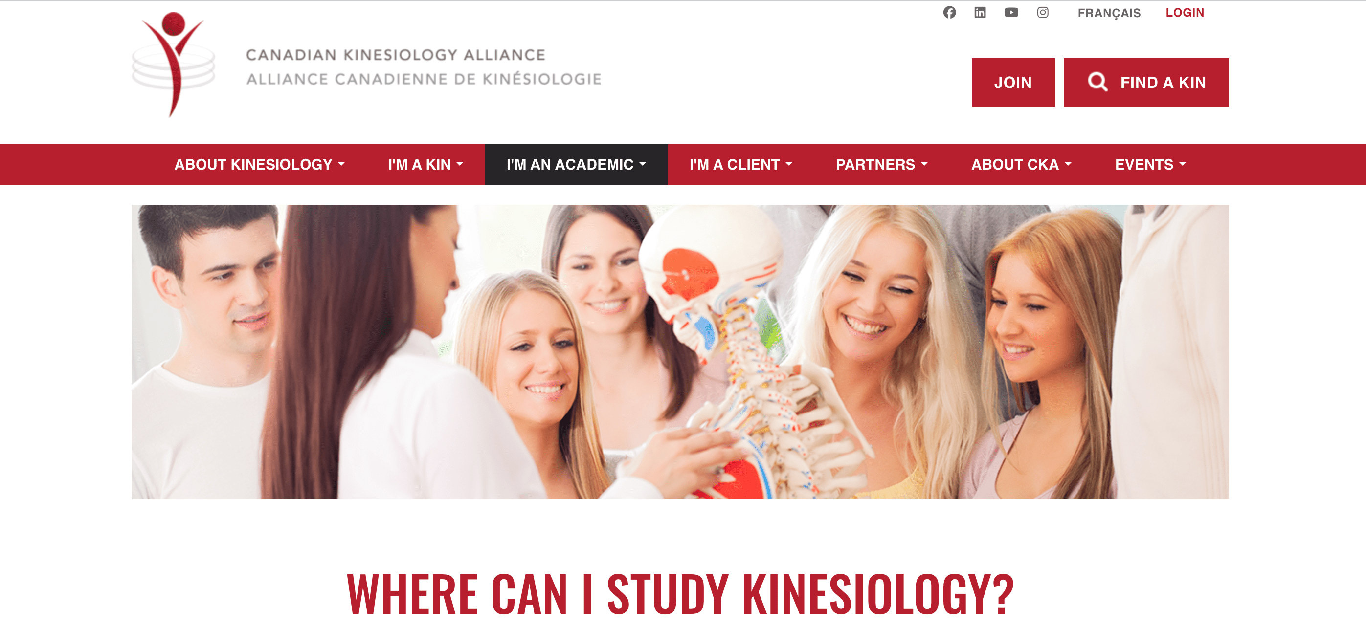 A banner from the homepage of the Canadian Kinesiology Alliance features a picture of students examining a skeleton with the text: "Where can I study kinesiology?: